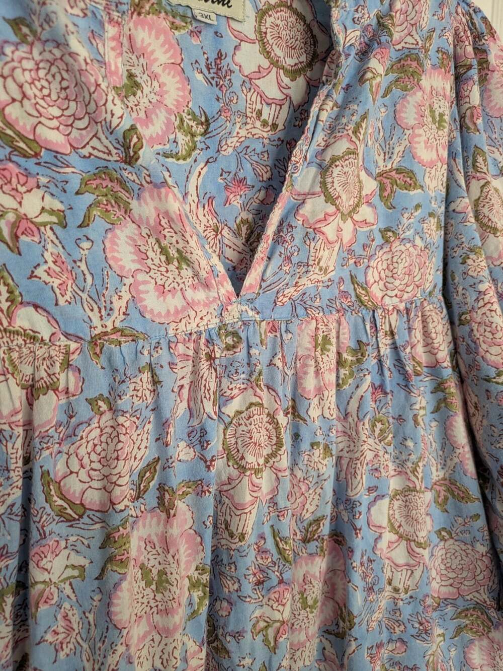 Size 3XL (Measures XL) Karni Indian Blockprint 100% Cotton Maxi Dress Blue Pink - Picture 4 of 7